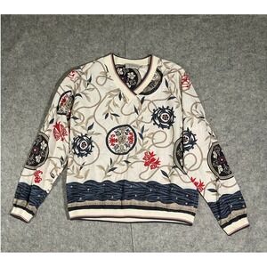 Marcia Vintage Baroque Floral Scarf Print V-Neck Pullover Top Cream Navy Red L